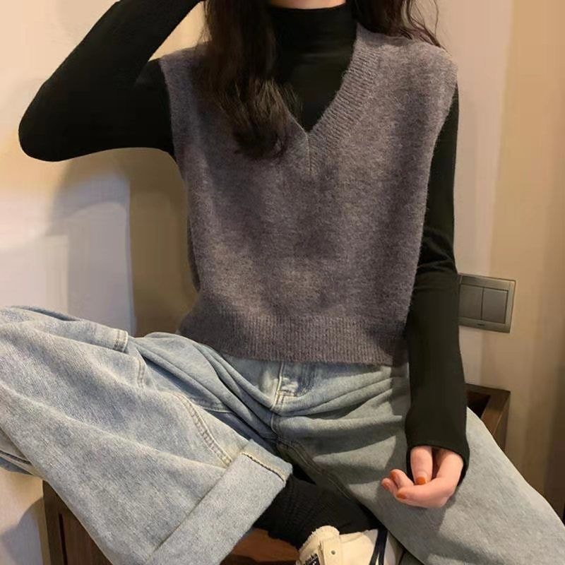  Áo len gile (gi-lê) cổ tim dáng ngắn Hàn Quốc chất liệu dệt kim | BigBuy360 - bigbuy360.vn