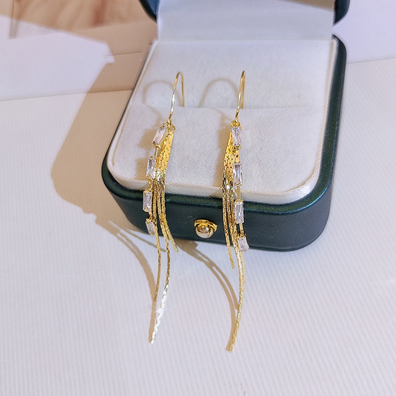 [Jiudolan] Bông Tai Dài Đính Đá Zircon Sáng Bóng Thời Trang Hàn Quốc Dành Cho Nữ