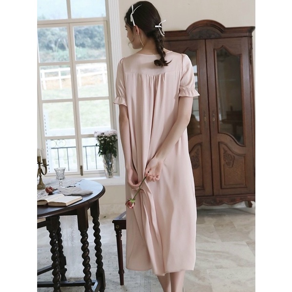 váy tiểu thư cao cấp lụa Quảng Châu tay ngắn nơ trước ngực