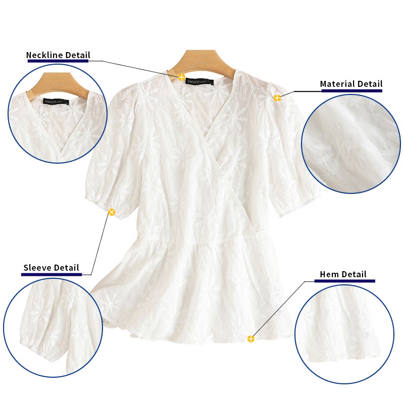 Áo ZANZEA tay phồng thêu hoa thắt dây phong cách Hàn Quốc ngọt ngào cho nữ