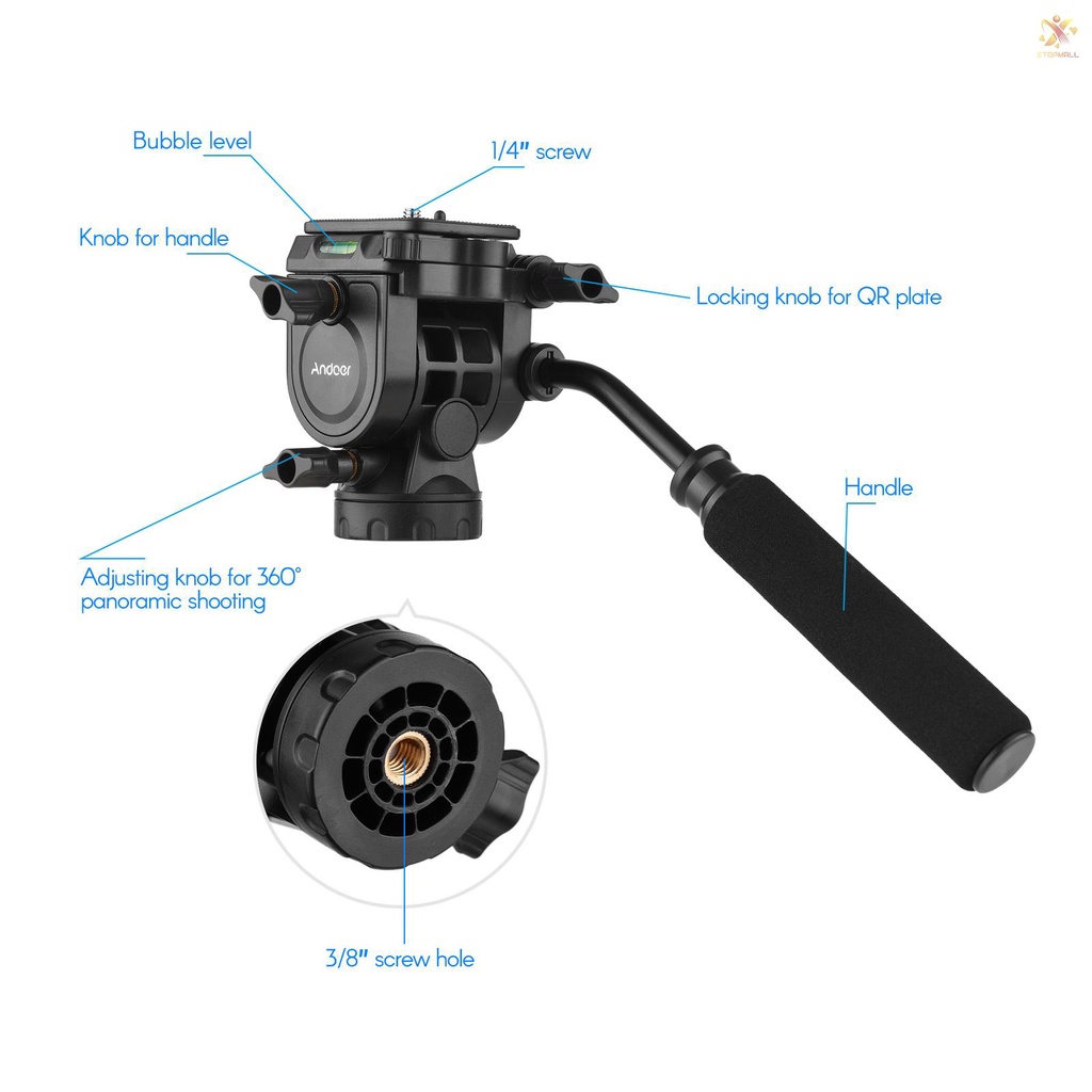 ET Andoer Fluid Hydraulic Ball Head Panoramic Photography Max. Load 5KG with Handle for 1/4 inch Screw Camera Camcorder and 3/8 inch Monopod Tripod