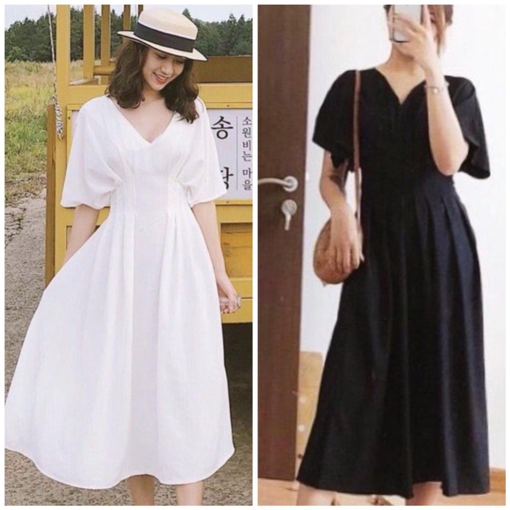 X2 váy dáng dài tay cánh dơi xếp ly Đầm trắng đen dự tiệc cổ chéo v 2 màu (kèm hình thật)