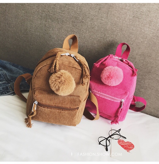 Balo nhung mini đính quả bông xinh xắn