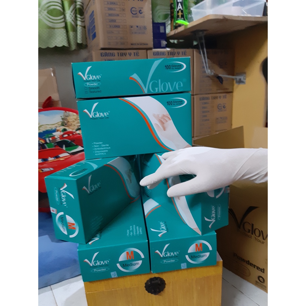 Găng tay cao su Y Tế Vglove có bột chính hãng Khải Hoàn loại 1 dai dẻo  đủ size S,M,L TEM CHÍNH HÃNG