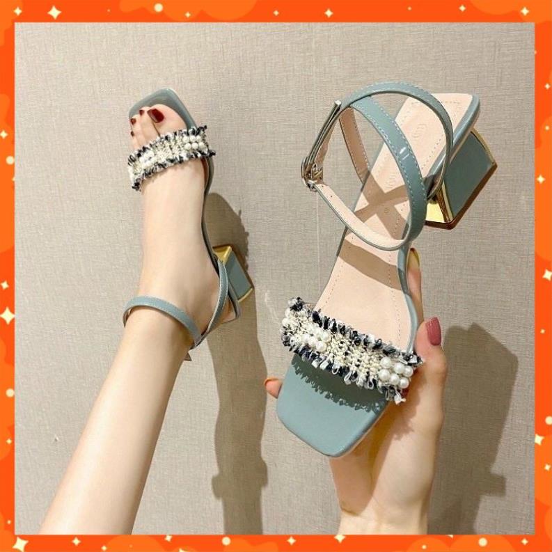 sandal 5p cao gót dây đính hạt Ngọc siêu xinh Hot