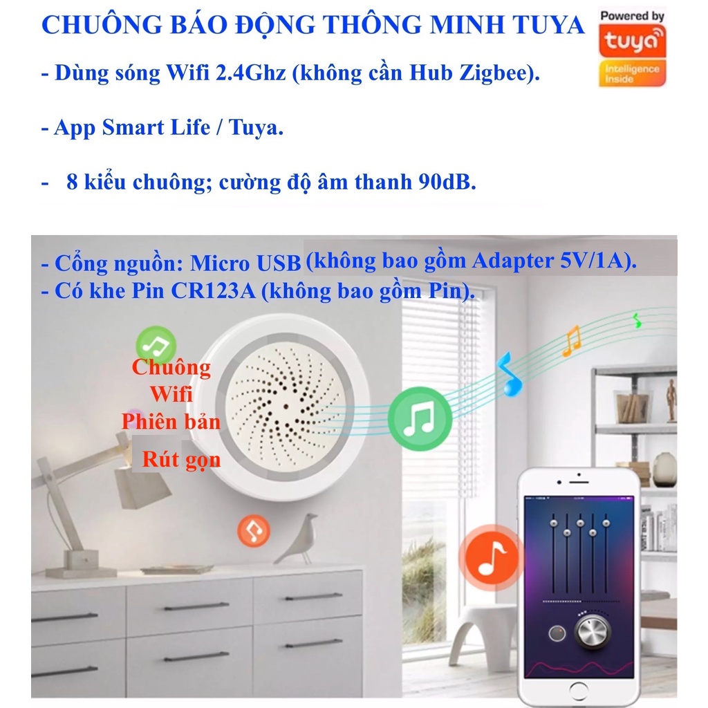 Chuông báo động , báo khách thông minh , sóng Zigbee / Wifi , hệ Tuya / Smart Life / Home Assistant -