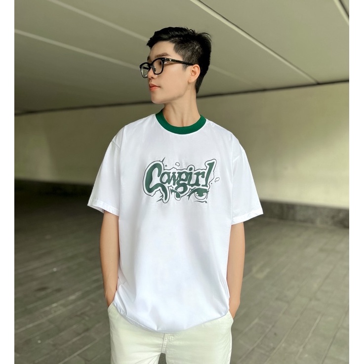 Áo thun tay lỡ nam nữ,thiết kế cổ xanh in hình Cowgirl