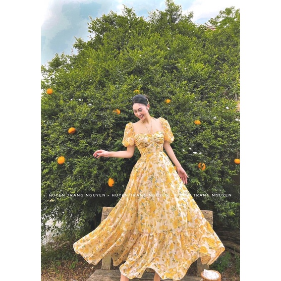 Đầm mixi hoa vàng bèo phồng