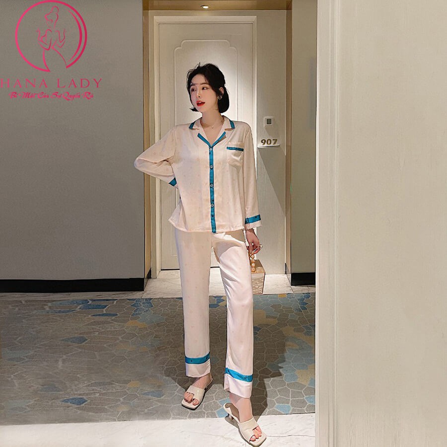 Đồ ngủ mặc nhà nữ, pijama lụa cao cấp tay dài quần dài họa tiết hoa nhí phối viền cao cấp PJ478