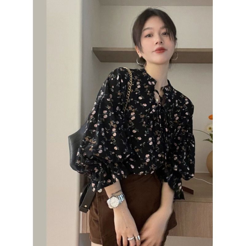 Áo Kiểu Tay Dài Cổ Chữ V Form Rộng Họa Tiết Hoa Phong Cách Hàn Quốc