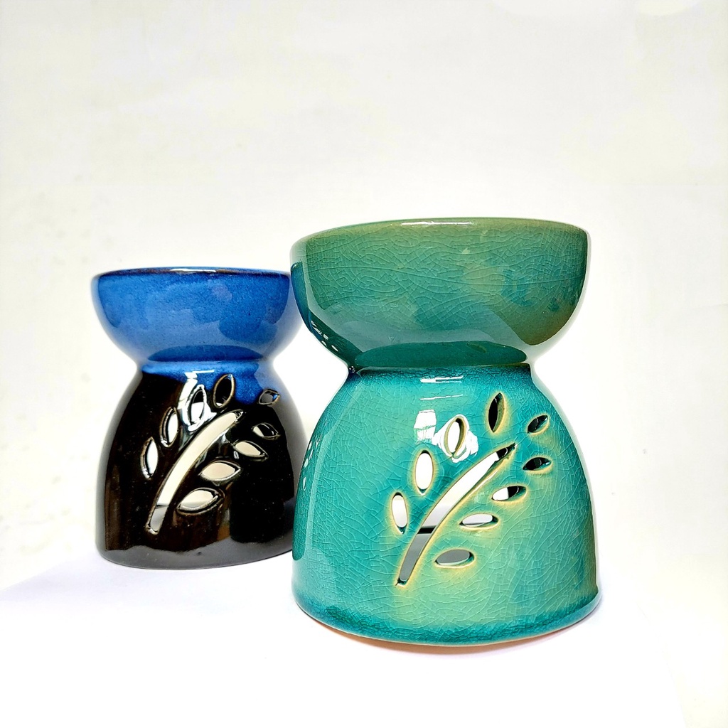 Đèn xông tinh dầu đốt nến tealight bằng gốm sứ size lớn màu xanh đen tráng men cao cấp