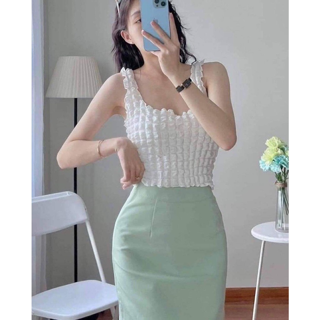 Áo Cổ Vuông Hai Dây Dáng Croptop Chất Xốp Phồng Siêu Hot