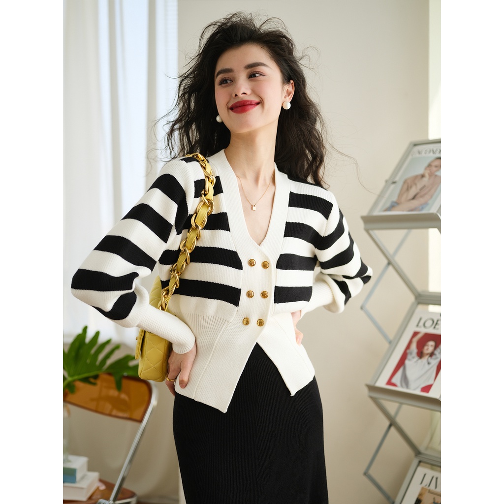 Áo khoác cardigan dệt kim ZHELIHANGFEI tay dài cổ chữ V họa tiết sọc thời trang sành điệu cho nữ