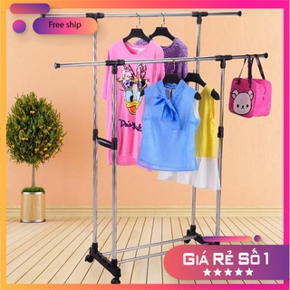 Giàn phơi quần áo 2 tầng có bánh xe- Sào phơi inox chắc chắn treo quần áo tiện dụng, lắp đặt di chuyển dễ dàng