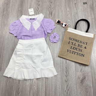 set 3 món áo tím cổ ren + cv và buộc tóc