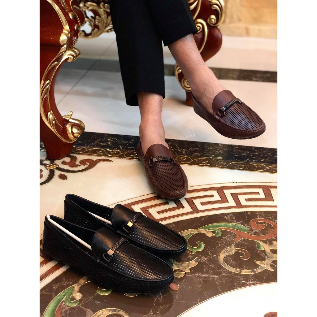 Giầy lười nam da thật đục lỗ thoáng khí mới 2020 3 màu đen nâu vàng bò