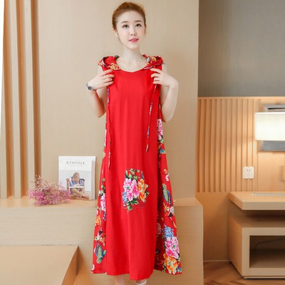 Trang phục nữ size lớn phong cách dân tộc mùa hè 2021 váy liền cotton và vải lanh in hoa cổ điển rộng rãi váy dài du lịc