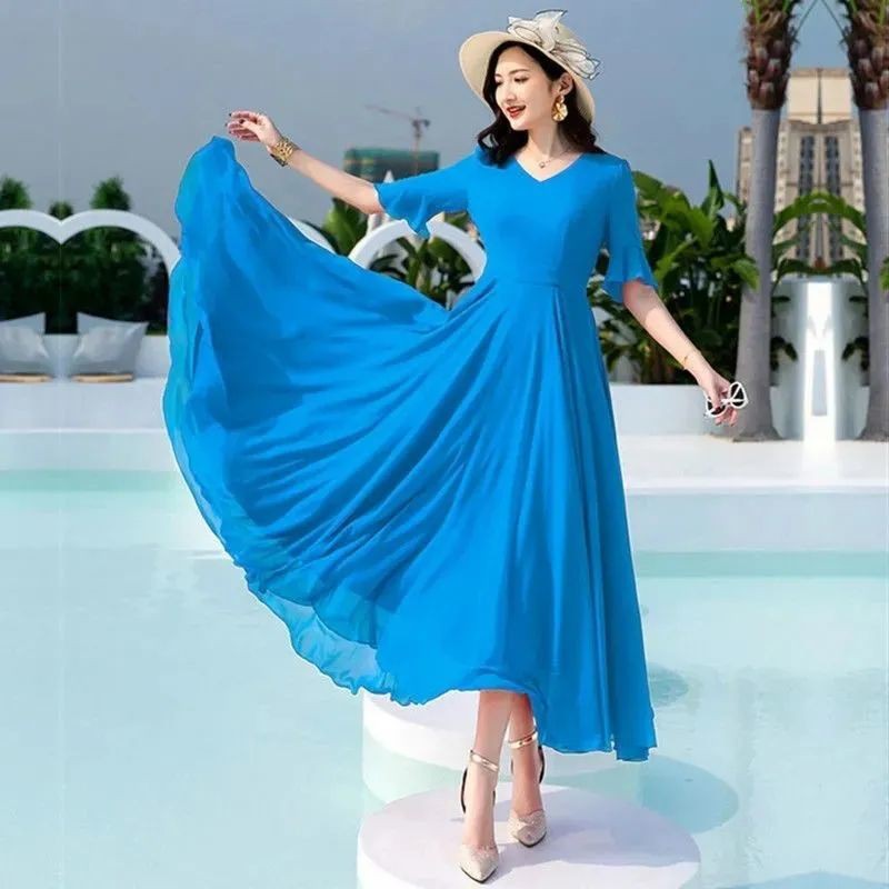 Đầm maxi xòe lớn cổ V dài năm tấc qua gối chất chiffon thời trang 2021 cho nữ