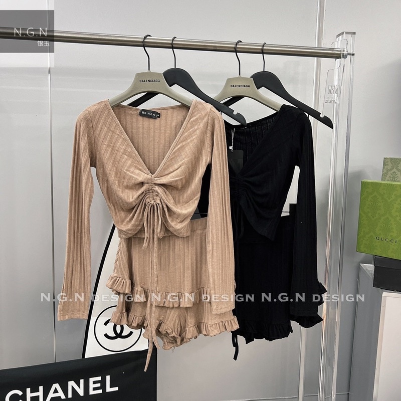 Sét áo dài tay tăm dúm ngực + quần bèo