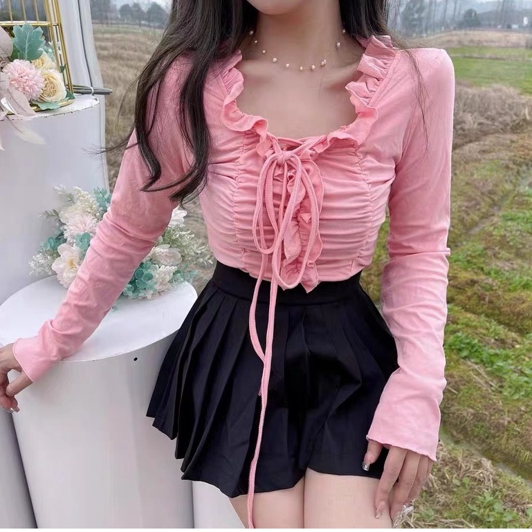 Áo Nhún Bèo Dây Rút Tay Dài LSEOUL A2364 Nhiều Màu Ngọt Ngào Nữ Tính