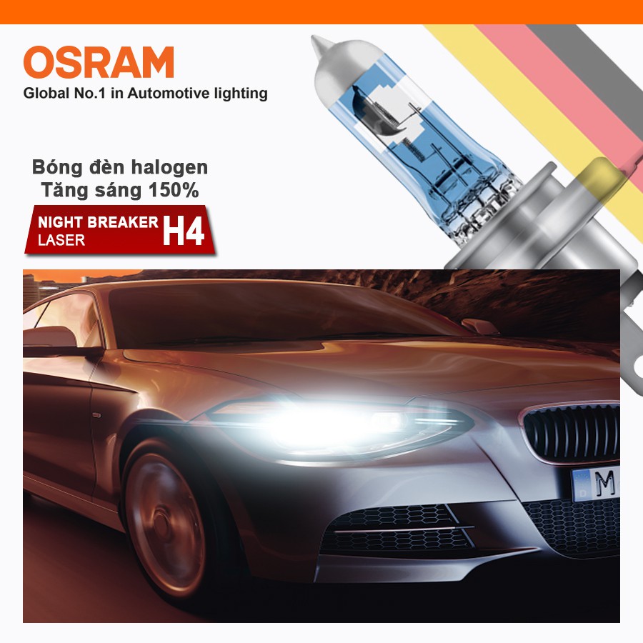 Combo 2 Bóng Đèn Halogen Tăng Sáng 150% OSRAM Night Breaker Laser H4 12V 60/55W - Nhập Khẩu Chính Hãng