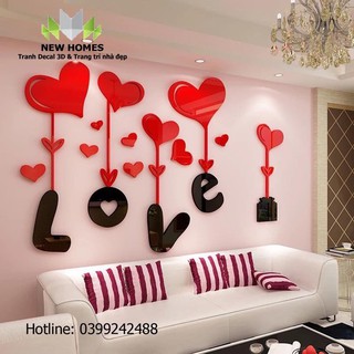 Tranh dán tường mica 3D - hộp quà LOVE, trang trí phòng khách, phòng ngủ,phòng tân hôn, spa, khách sạn, quán cafe