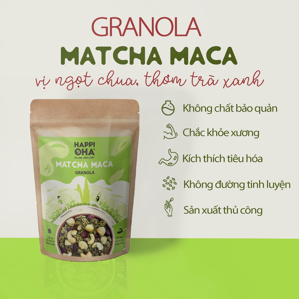 Granola Matcha Maca HAPPIOHA - Ngũ Cốc Ăn Sáng/Ngũ Cốc Ăn Kiêng Không Đường Tinh Luyện Vị Matcha 40g