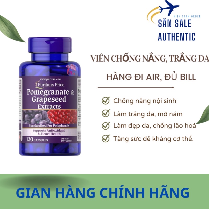 Viên uống chống nắng, trắng da Lựu & Nho puritan's pride