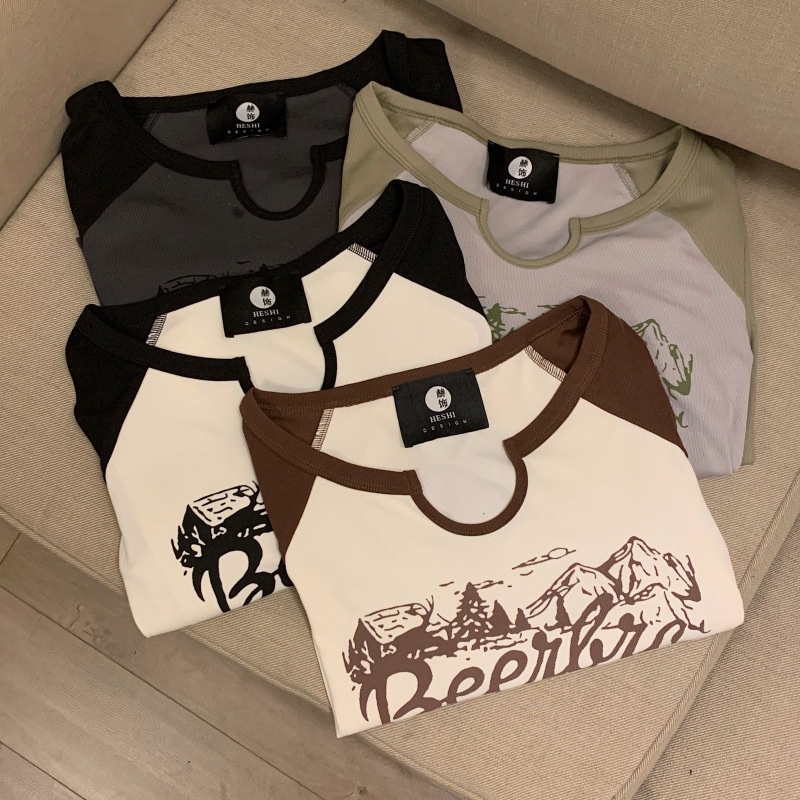 Áo thun NZN tay dài in chữ phối màu tương phản cá tính thời trang Hàn Quốc cho nữ