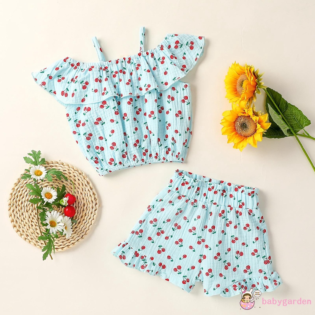 Bộ Áo Trễ Vai Không Tay In Hình Quả Cherry + Quần Short Trắng / Xanh Dương / Hồng Dành Cho Bé Gái 1-5 Tuổi