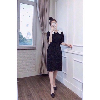 ĐẦM CHẤM BI PHỐI CỔ LÁ SEN TRẮNG