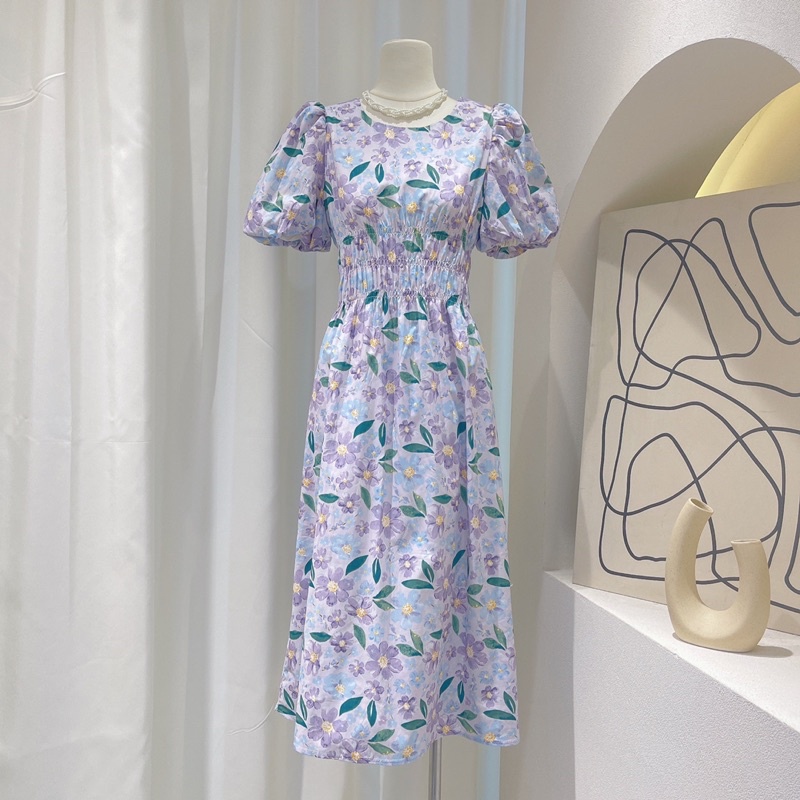Váy hoa vitage, đầm hoa ulazzang chun eo tay phồng hai màu hồng, tím dễ thương