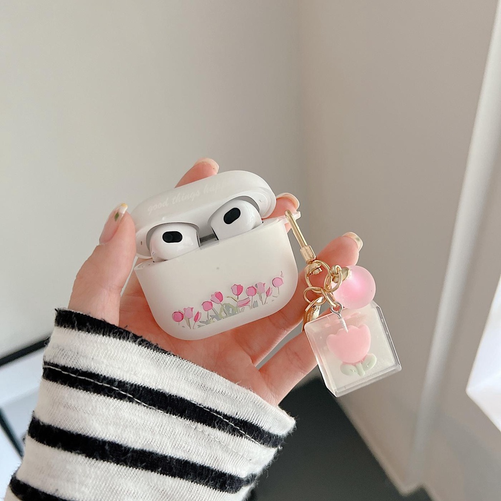 Vỏ Bảo Vệ Hộp Sạc Tai nghe không dây AirPods 1 2 pro 3 2021 gen3 Bằng Silicon Mặt Nhám Màu Hồng Họa Tiết Hoa Xinh Xắn