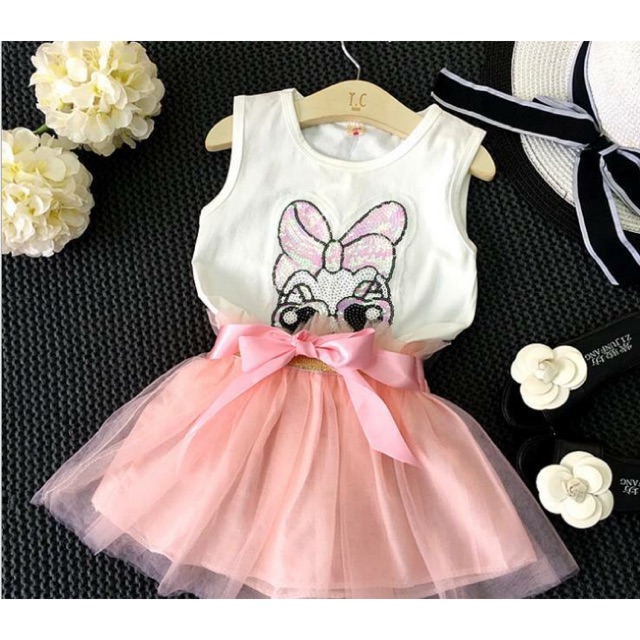 Set áo thun đính cườm váy voan cho bé 10-20 kí