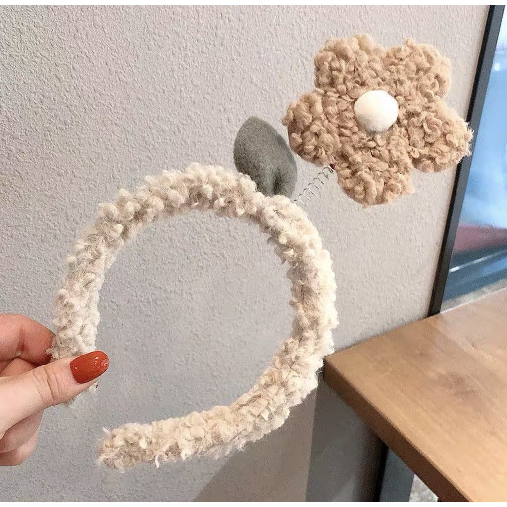 Băng đô rửa mặt bằng nhung lông cừu đính hoa dễ thương sáng tạo