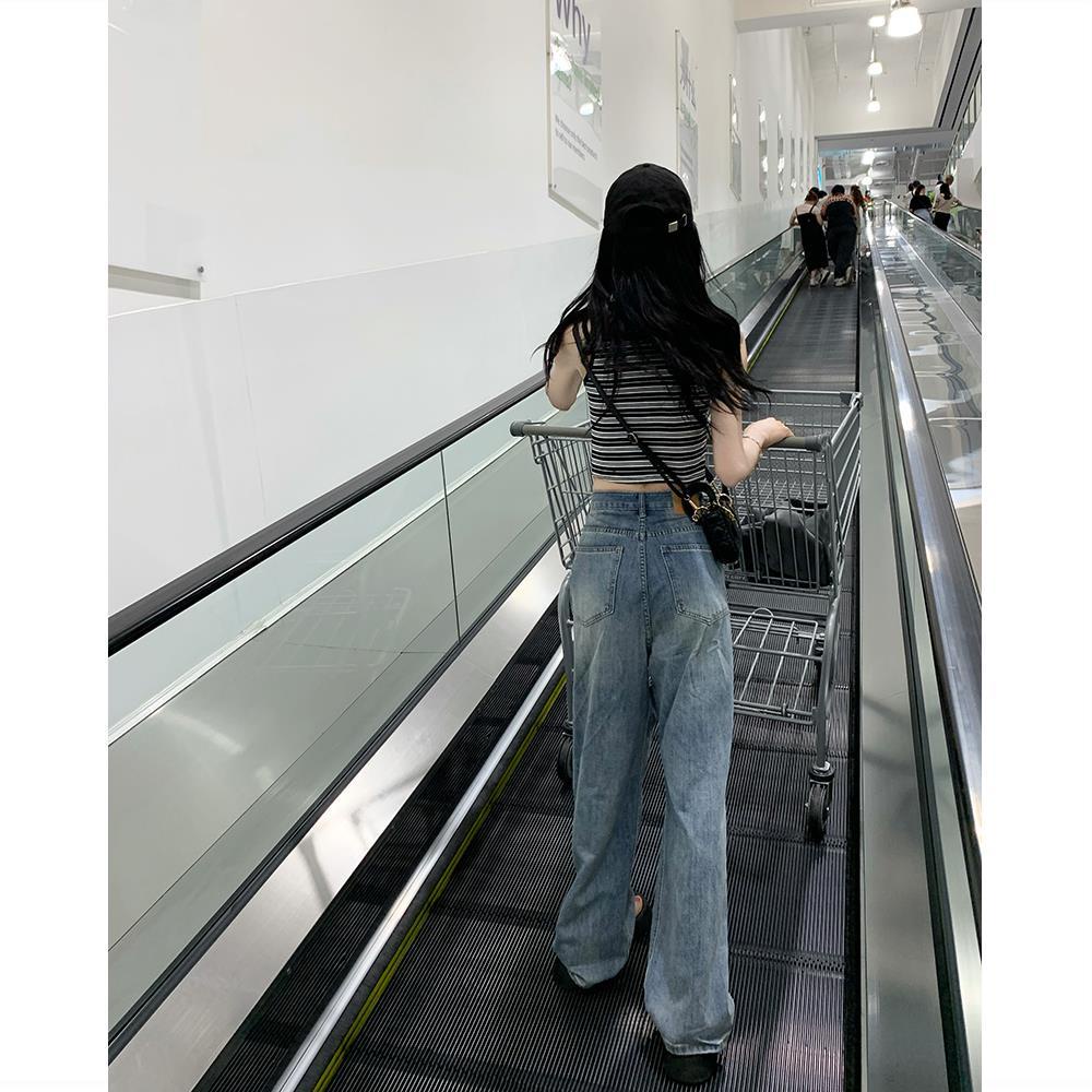 Quần jeans Rách Ống Rộng Lưng Cao Phong Cách retro