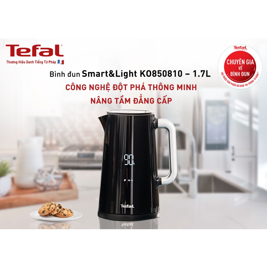 Bình đun siêu tốc Tefal Smart &amp; Light KO850810 1.7L - Tuỳ chỉnh nhiệt độ, giữ ấm 30 phút, màn hình LED hiển thị nhiệt độ