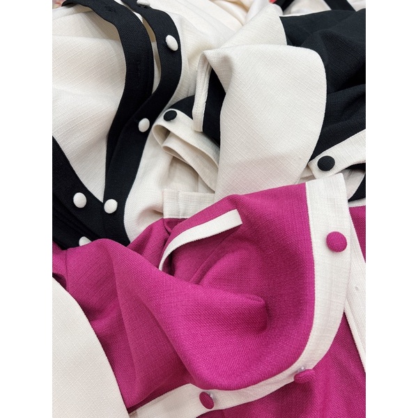 Đầm tweed dáng suông A phối cổ bản to nẹp viền cúc bọc