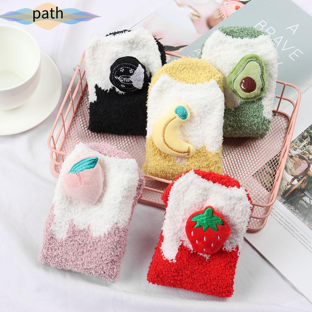 Đôi vớ vải lông cừu san hô dày ấm áp thêu hình trái cây dễ thương