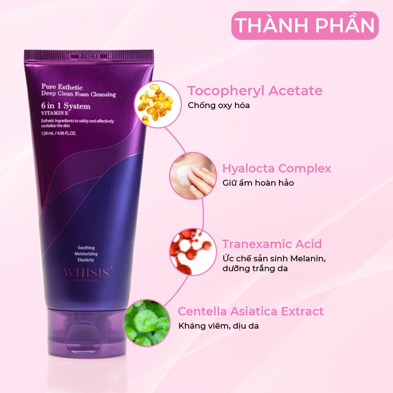Sữa rửa mặt trắng da Vitamin E WHISIS Hàn Quốc Pure Esthetic Deep Clean Foam Cleansing giúp làm sạch sâu 120ml