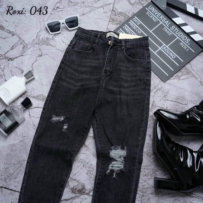 Quần jeans RÁCH 043 ôm body lưng siêu cao rách gối xanh nhạt - J20