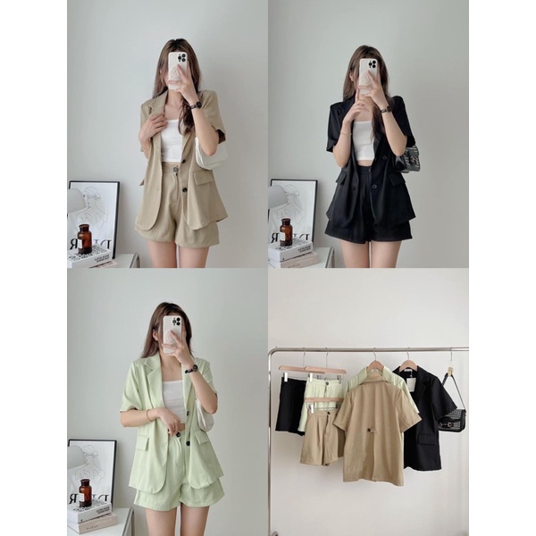 Set blazer cộc tay xẻ vạt  kèm quần sooc  3 màu Ulzzang