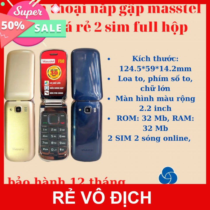 Điện thoại nắp gập masstel f50 giá rẻ 2 sim full hộp