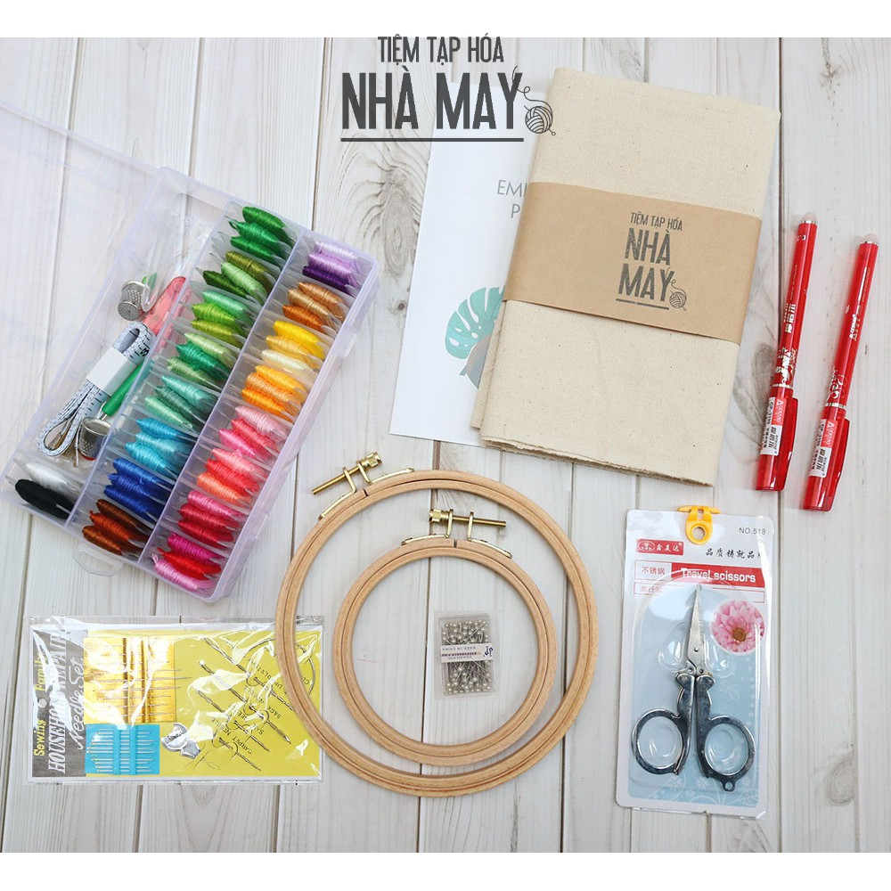 [Set thêu chỉ thường] 50 cuốn chỉ + 2 Khung gỗ du