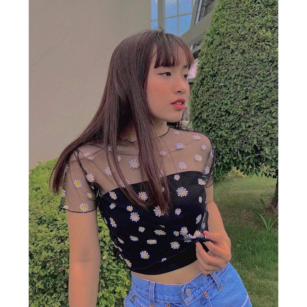Áo croptop kiểu lưới hoa kèm lót siêu xinh và hot treen