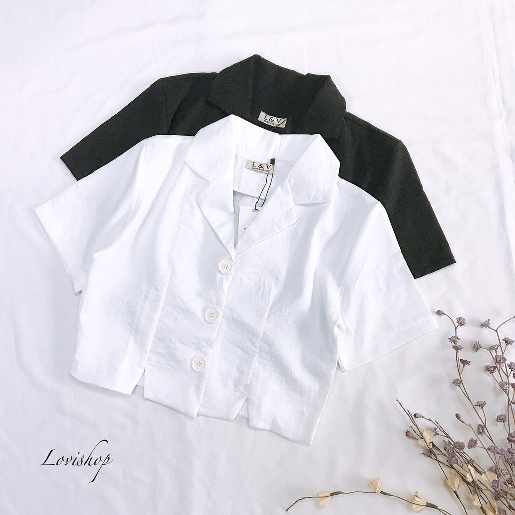 Áo sơ mi croptop cổ vest tay ngắn basic Lovi
