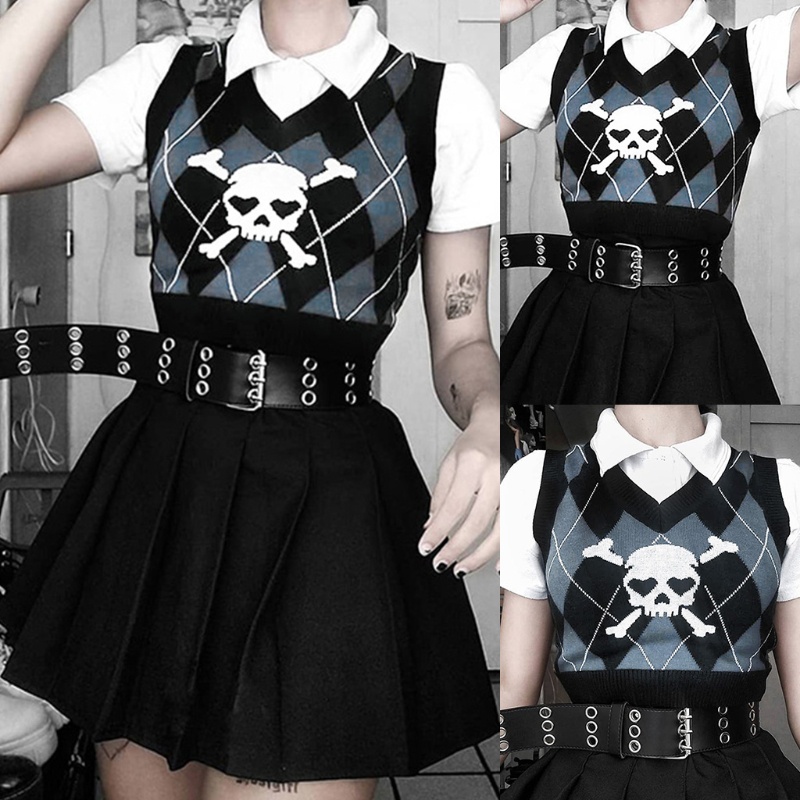 Áo croptop dệt kim không tay họa tiết kẻ sọc đầu lâu phong cách Gothic punk cho nữ