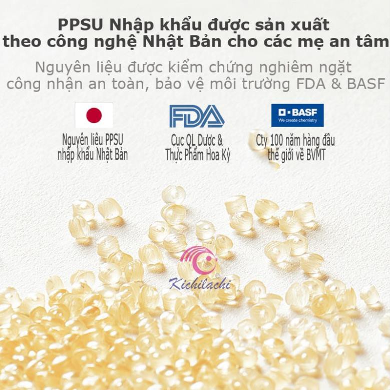 Bình Sữa Kichilachi Cổ Hẹp Quai Cầm  PPSU Núm Vú Silicone Siêu Mềm, Chống Sặc Và Chống Đầy Hơi Cho Bé 140ml/200ML