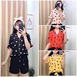 Bộ Mặc Nhà Pijama Lụa Cao Cấp Tay Ngắn Quần Cộc Họa Tiết Tim [ẢNH + CLIP THẬT]