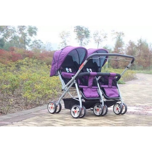 XE ĐẨY ĐÔI 2 CHIỀU CAO CẤP CÓ MÁI CHE, GIỎ ĐỒ, PHANH CHÂN